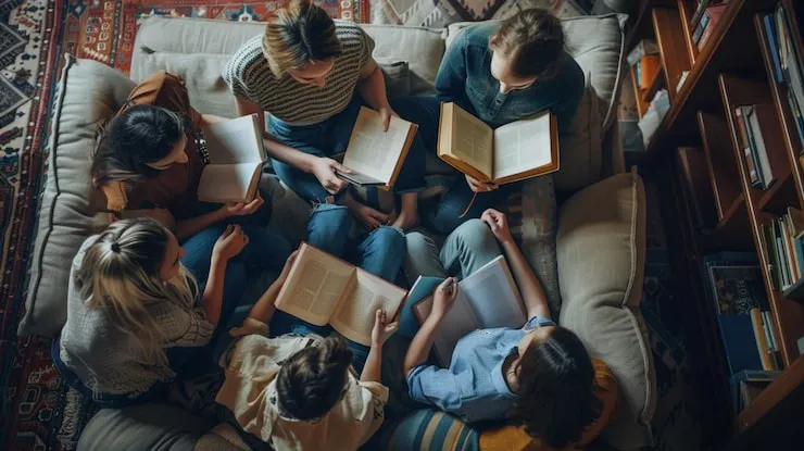 several-people-sitting-couch-reading-books-looking-book-generative-ai_1034986-89256